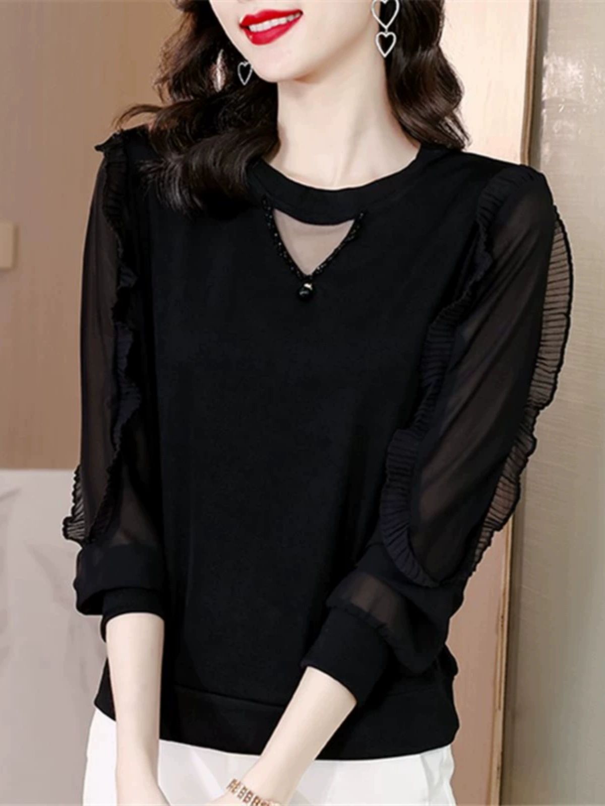 긴팔 댄스복 상의 블랙 의상 럭셔리 여성 남성 꽃무늬 A1290 블랙 M 추천 40-50kg - 상품 이미지
