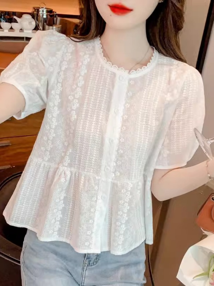 프릴 블라우스 펀칭 자수 흰색 퍼프소매 여성 여름 - 상세 이미지 4