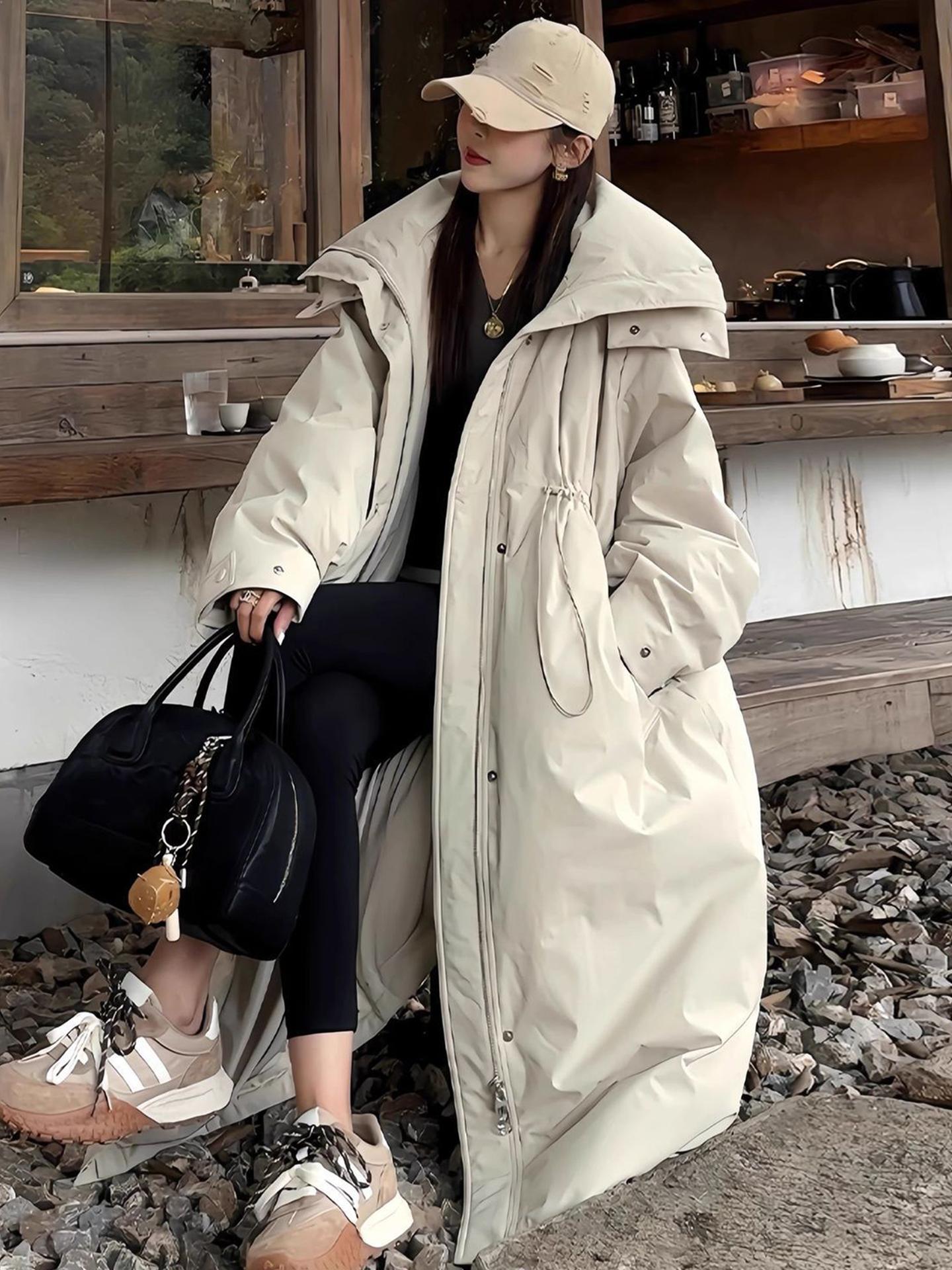 여성 아이보리 스트링 롱패딩 루즈핏 후드 겨울 아우터 - 상품 이미지