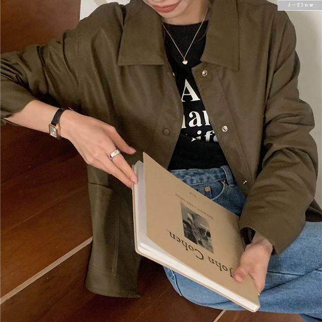 케스 PU가죽 카라넥 하프 오버핏 자켓 2col 봄 가을 루즈핏 똑딱이 버튼 제이플로우 - 상세 이미지 2