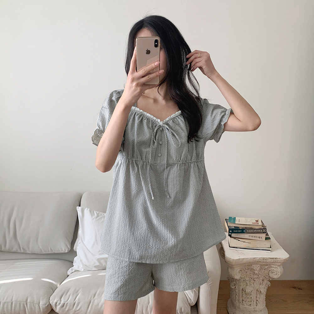 [A.made] 온스 체크 반팔 투피스 원피스 잠옷 커플파자마 2color 이미지 3