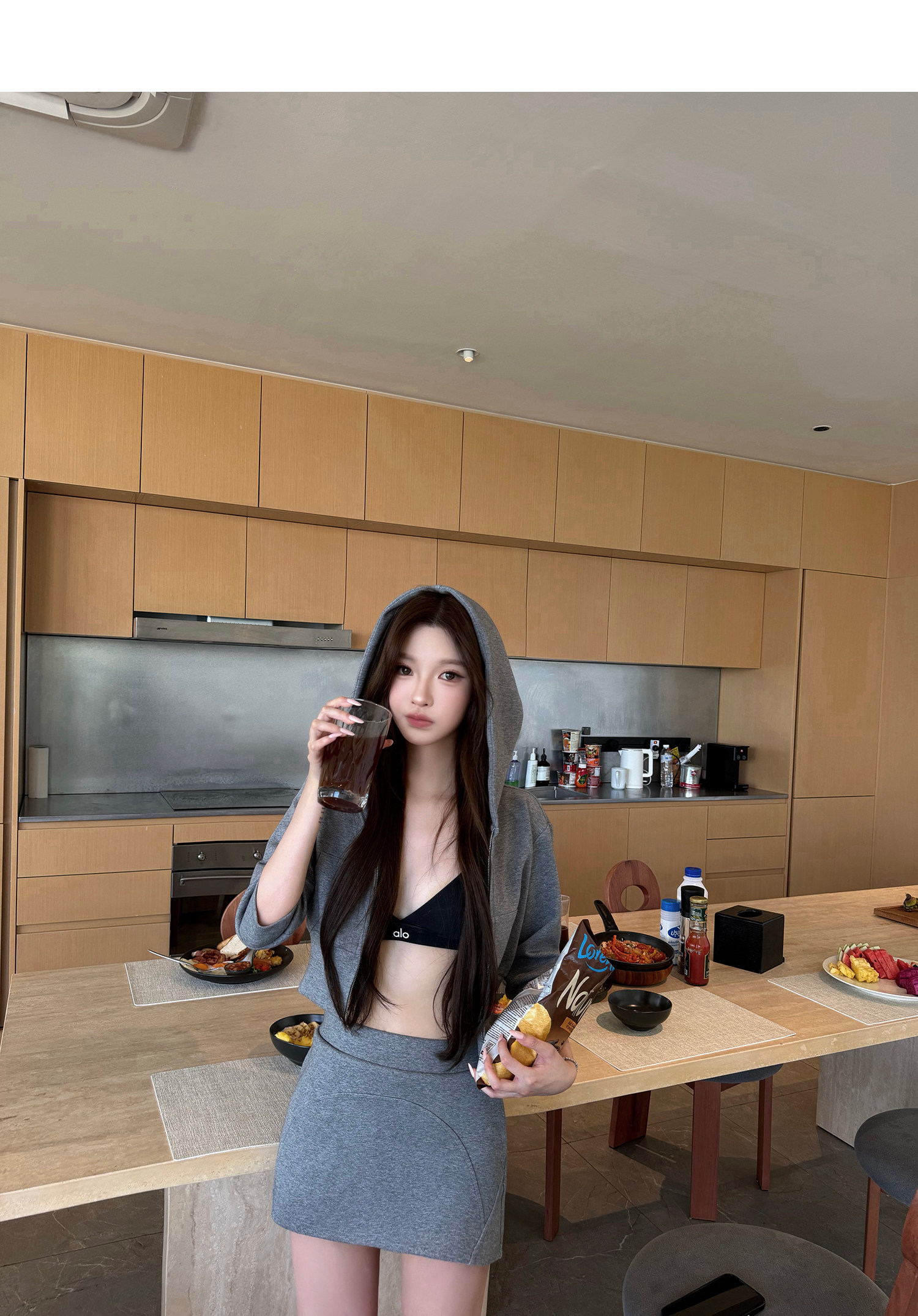 CHIC 여성후드집업 5부소매 크롭후드집업 여성트레이닝세트 츄리닝세트 트레이닝셋업 이미지 7