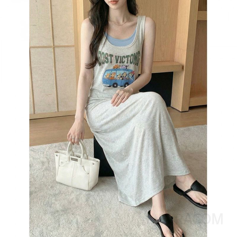 여성 캐주얼 데일리 재생섬유 그래픽 레터링 자수 민소매 슬림핏 롱 원피스 비치웨어 바캉스룩 A라인 레이어드 홈웨어 - 상세 이미지 5