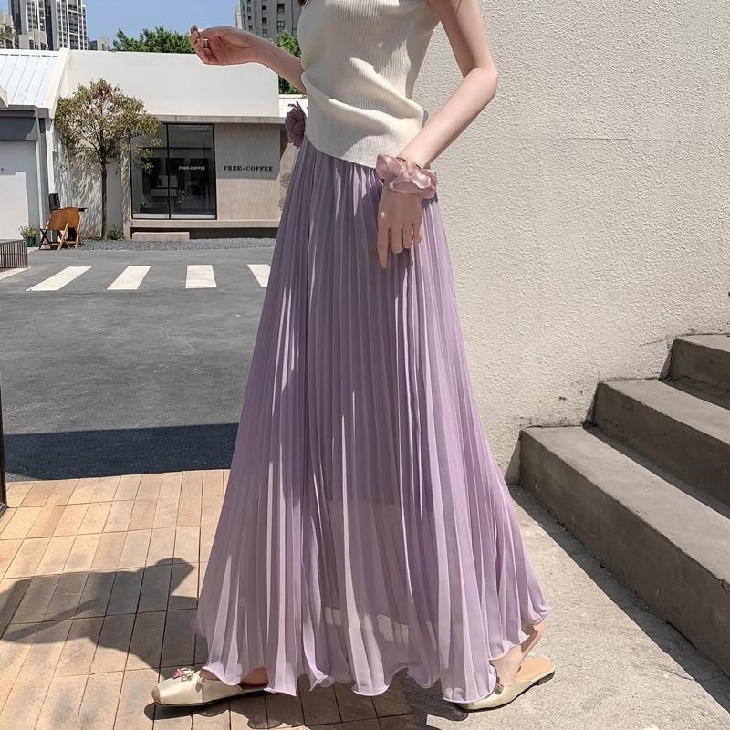 여성 플리츠 쉬폰 스커트 롱 밴딩 치마 봄 여름 플레어 단 플라워 가을 분홍색 S - 상세 이미지 5