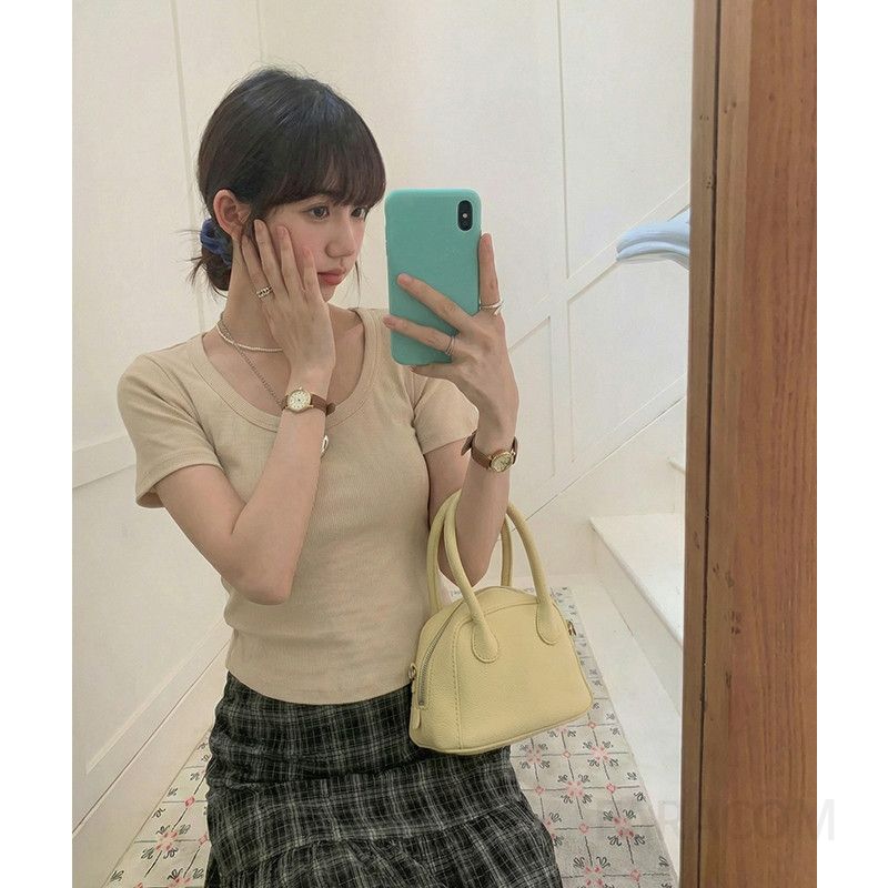 여성 오피스룩 데일리 슬림핏 골지 라운드넥 유넥 기본 무지 반팔 티셔츠 이너웨어 심플 베이직 스판 쫄티 단정 - 상세 이미지 3