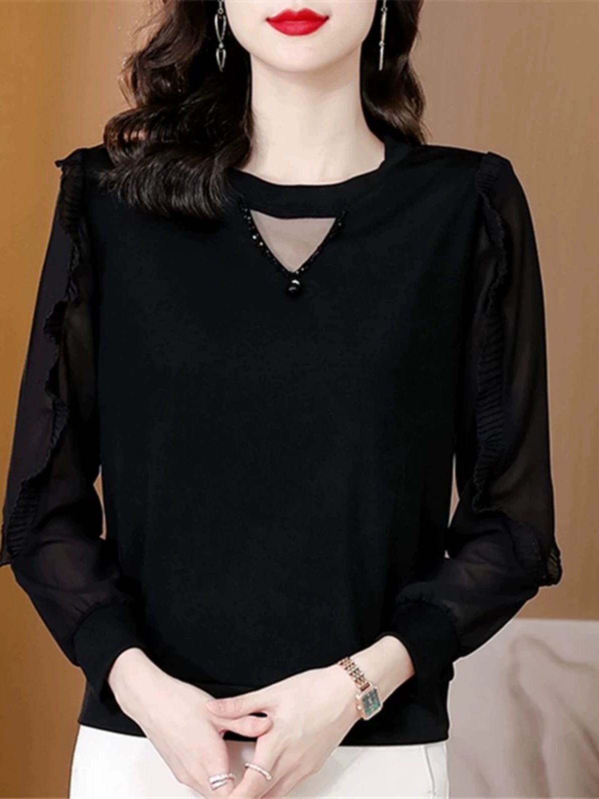 긴팔 댄스복 상의 블랙 의상 럭셔리 여성 남성 꽃무늬 A1290 블랙 M 추천 40-50kg - 상세 이미지 2