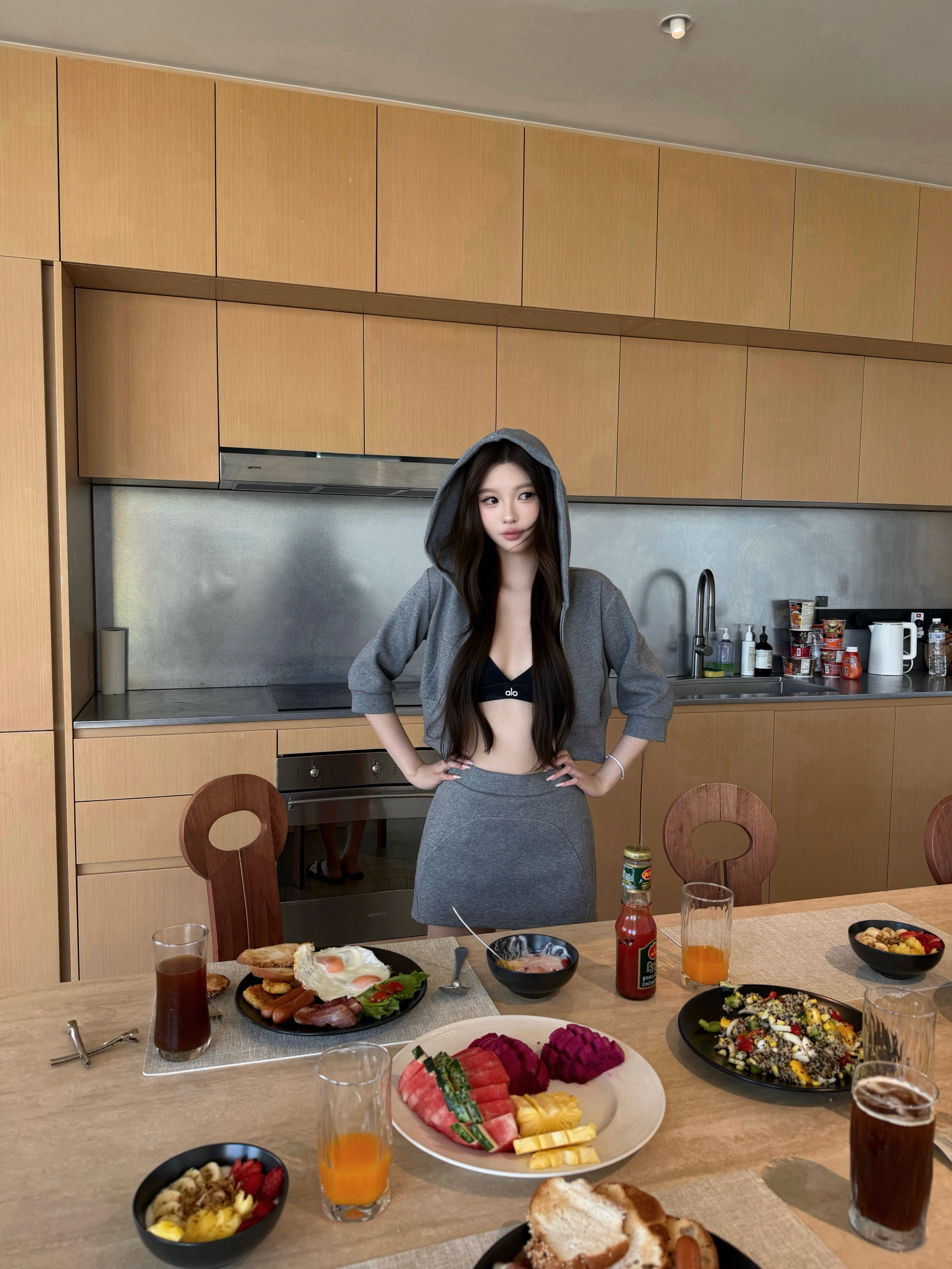 CHIC 여성후드집업 5부소매 크롭후드집업 여성트레이닝세트 츄리닝세트 트레이닝셋업 - 상세 이미지 2