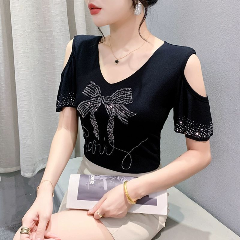 여름 라인댄스복 오프숄더 포인트 리본 반팔 사교 티셔츠 진분홍 M - 상세 이미지 2