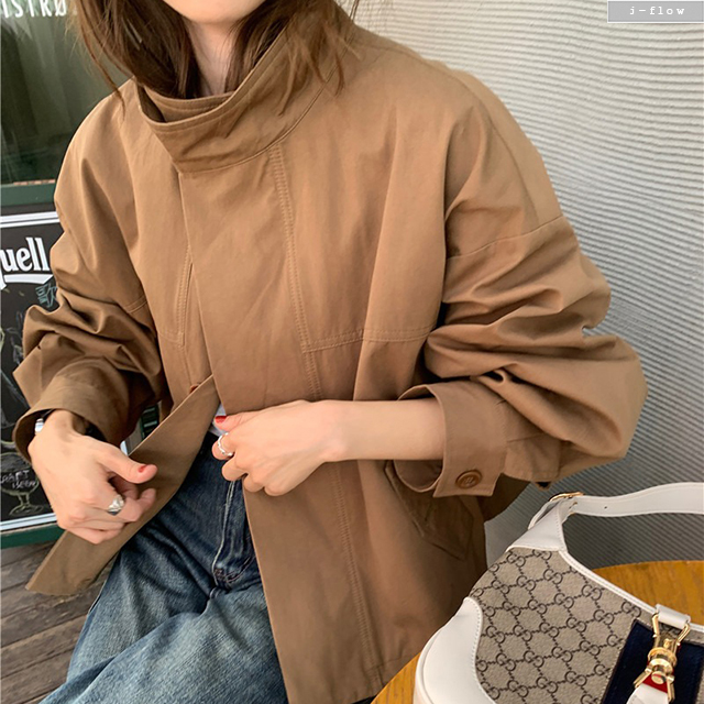 비오 오버핏 세미크롭 트렌치 바바리 자켓 3col 봄 가을 루즈핏 하이넥 버튼 제이플로우 - 상세 이미지 3