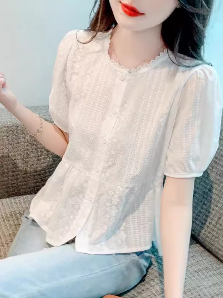 프릴 블라우스 펀칭 자수 흰색 퍼프소매 여성 여름 - 상품 이미지