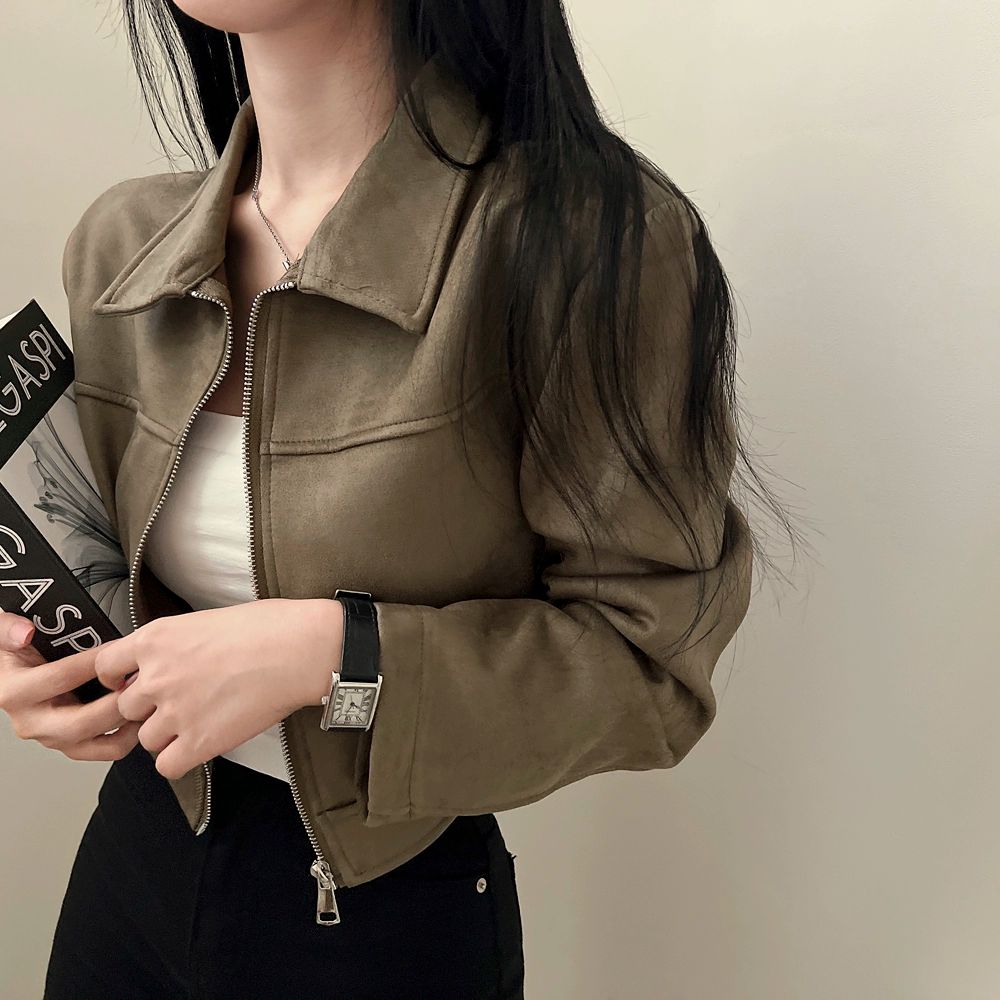 가을 여성 레더 크롭 자켓 루즈핏 카라 숏 점퍼 데일리 스타일 - 상품 이미지