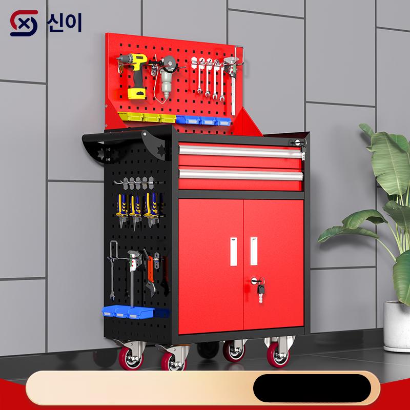 이동식 공구보관함 서랍식 공구함 작업대 공구다이 블랙 앤 레드 3단 보드 두꺼운형 - 상세 이미지 2