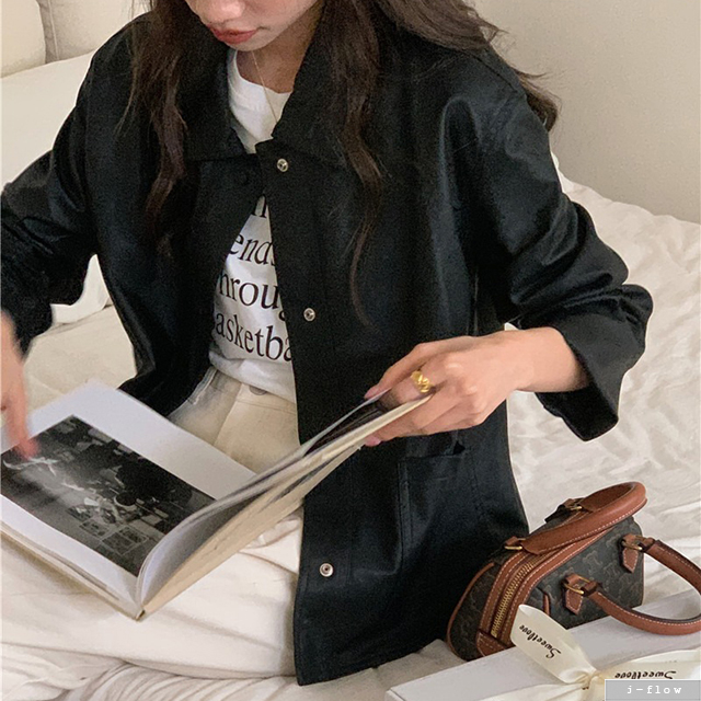 케스 PU가죽 카라넥 하프 오버핏 자켓 2col 봄 가을 루즈핏 똑딱이 버튼 제이플로우 - 상품 이미지
