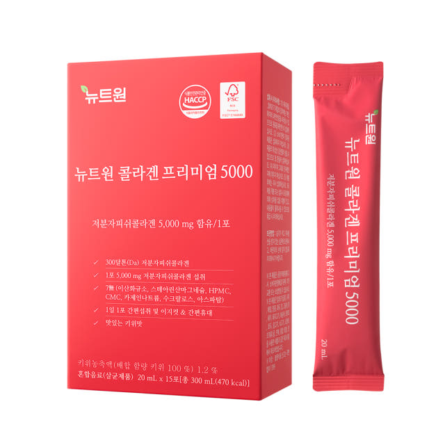 뉴트원 콜라겐프리미엄5000 저분자피쉬 어린콜라겐 300달톤 15포, 6개