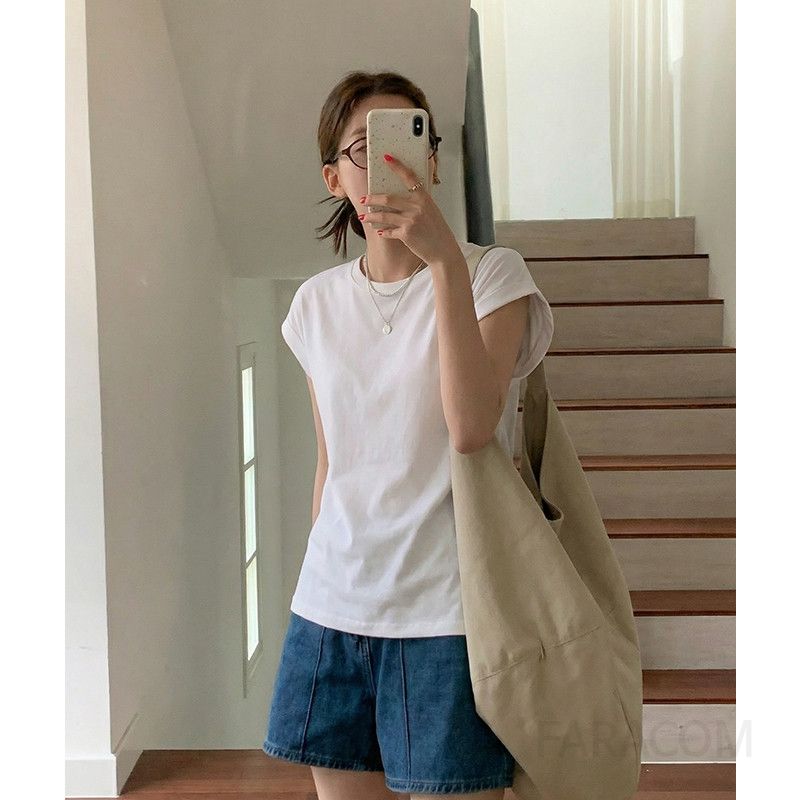 여성 데일리 오피스룩 코튼 스판 캡소매 라운드넥 무지 반팔 티셔츠 출근룩 심플 캐주얼 기본 반팔티 루즈핏 - 상품 이미지