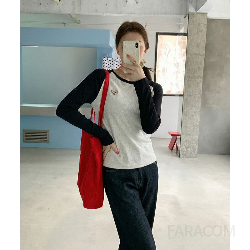 여성 캐주얼 루즈핏 면 나그랑 곰돌이 자수 라운드넥 긴팔 티셔츠 데일리 스트릿 배색 티 봄 가을 코디 대학생 캠퍼스룩 기본템 - 상세 이미지 5