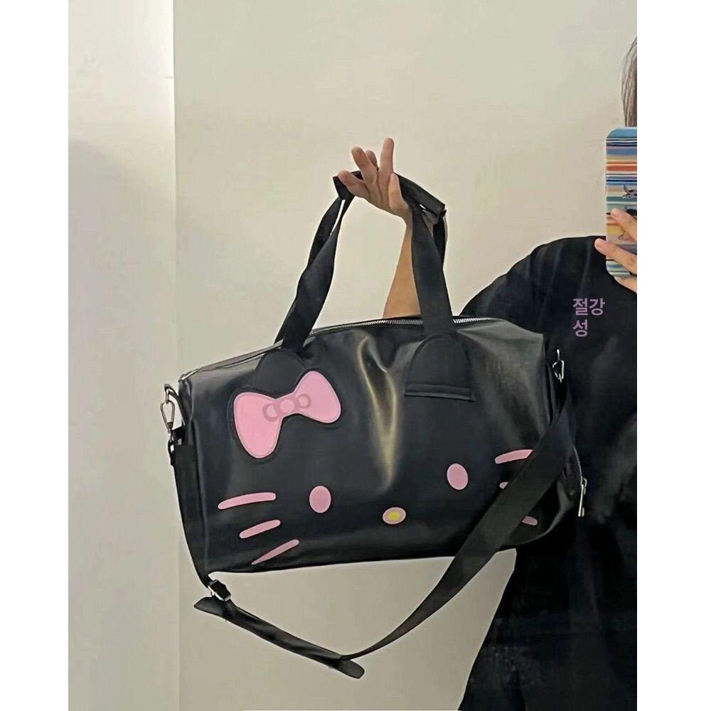헬로 키티 여행 가방 블랙 보스턴백 숄더백 대용량 수납 캐리어 적재 공항 비행기 체크인 사진 색상 - 상품 이미지