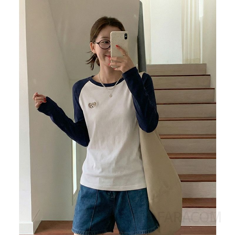 여성 캐주얼 루즈핏 면 나그랑 곰돌이 자수 라운드넥 긴팔 티셔츠 데일리 스트릿 배색 티 봄 가을 코디 대학생 캠퍼스룩 기본템 - 상세 이미지 4