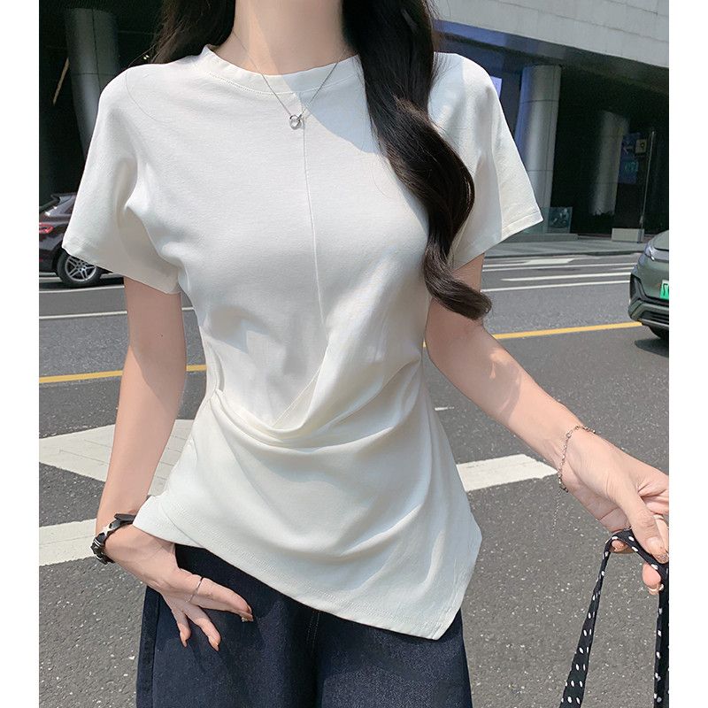 여성 루즈핏 캐주얼 데일리 무드 언발란스 셔링 드레이프 라운드넥 반팔 티셔츠 기본 상의 무지 티셔츠 외출룩 - 상세 이미지 2