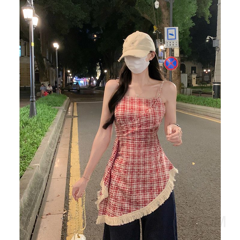 여성 페미닌 빈티지 체크 비스코스 테슬 포인트 슬리밍 핏 스퀘어넥 언밸런스 레이어드 민소매 뷔스티에 나시 블라우스 코디 - 상세 이미지 3
