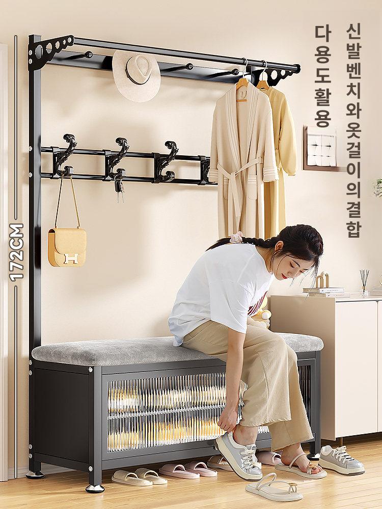 현관 옷걸이 신발장 틈새 슈벤치 외투 수납 철제 벤치형 [100cm 블랙-두꺼운 그레이 벨벳 쿠션] - 상세 이미지 2