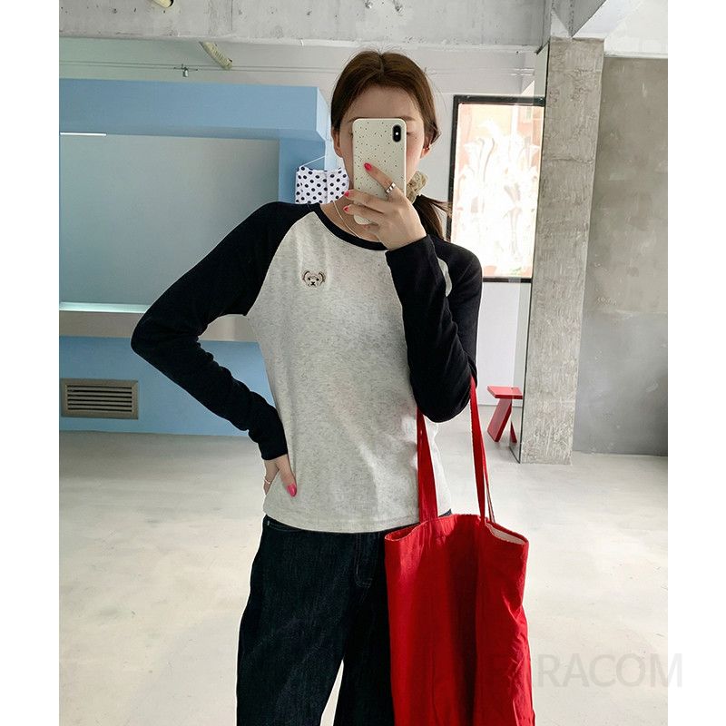 여성 캐주얼 루즈핏 면 나그랑 곰돌이 자수 라운드넥 긴팔 티셔츠 데일리 스트릿 배색 티 봄 가을 코디 대학생 캠퍼스룩 기본템 - 상품 이미지