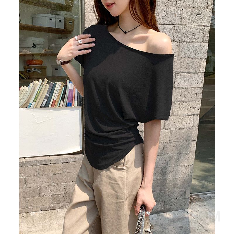 여성 데일리 루즈핏 비스코스 스판 오프숄더 원숄더 라운드넥 반팔 티셔츠 이미지 7
