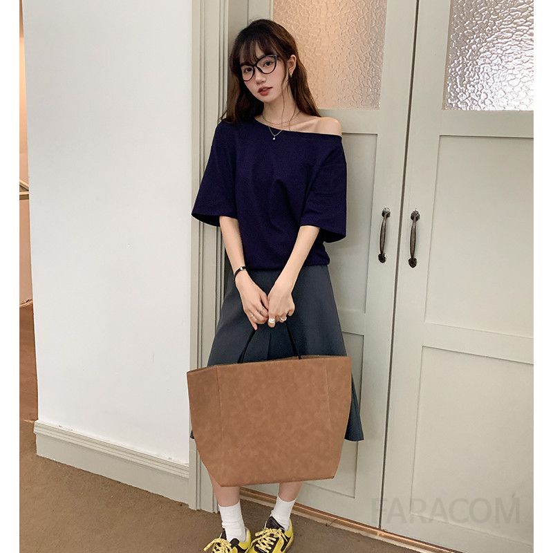 여성 데일리 오피스룩 면 스판 슬림핏 오프숄더 원숄더 루즈핏 반팔 티셔츠 - 상품 이미지