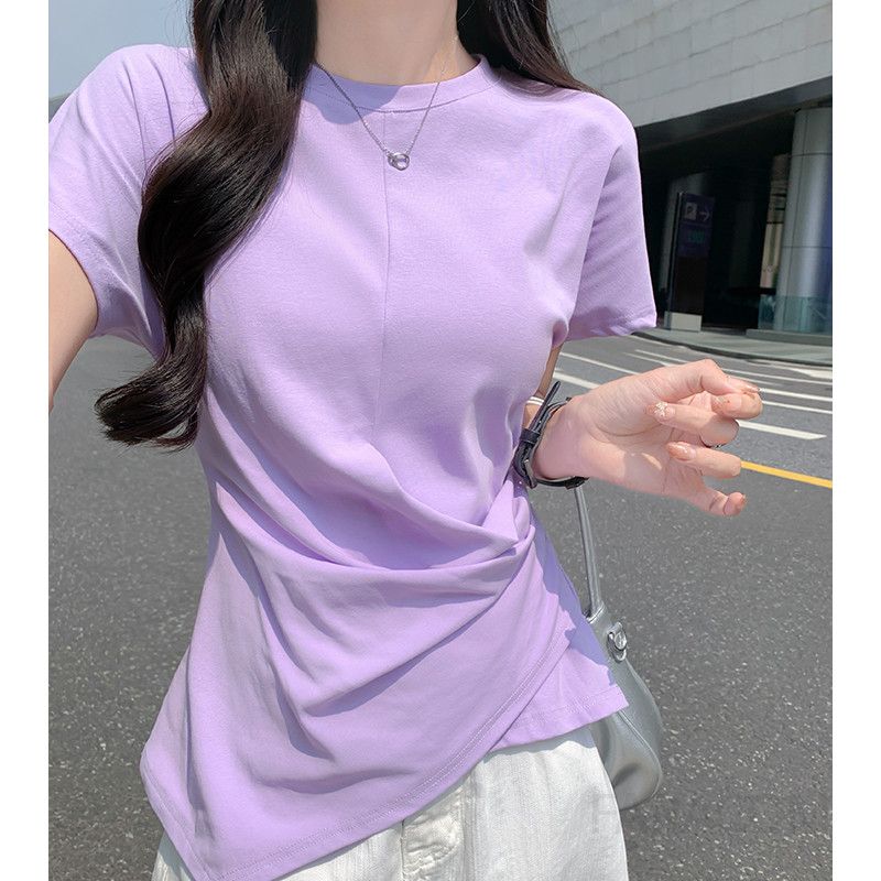 여성 루즈핏 캐주얼 데일리 무드 언발란스 셔링 드레이프 라운드넥 반팔 티셔츠 기본 상의 무지 티셔츠 외출룩 - 상품 이미지