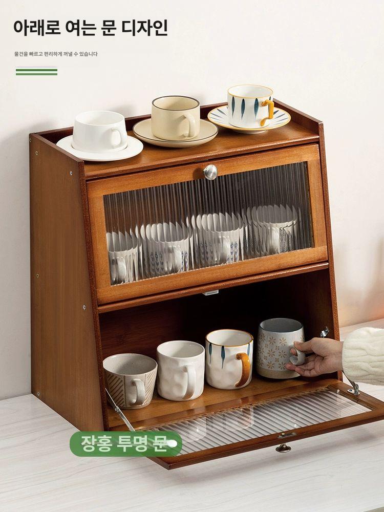홈카페장 주방 미니 양념 선반장 장식장 수납장 찬장 그릇장 원목 슬라이딩 진열장 컵 찻잔 - 상세 이미지 3