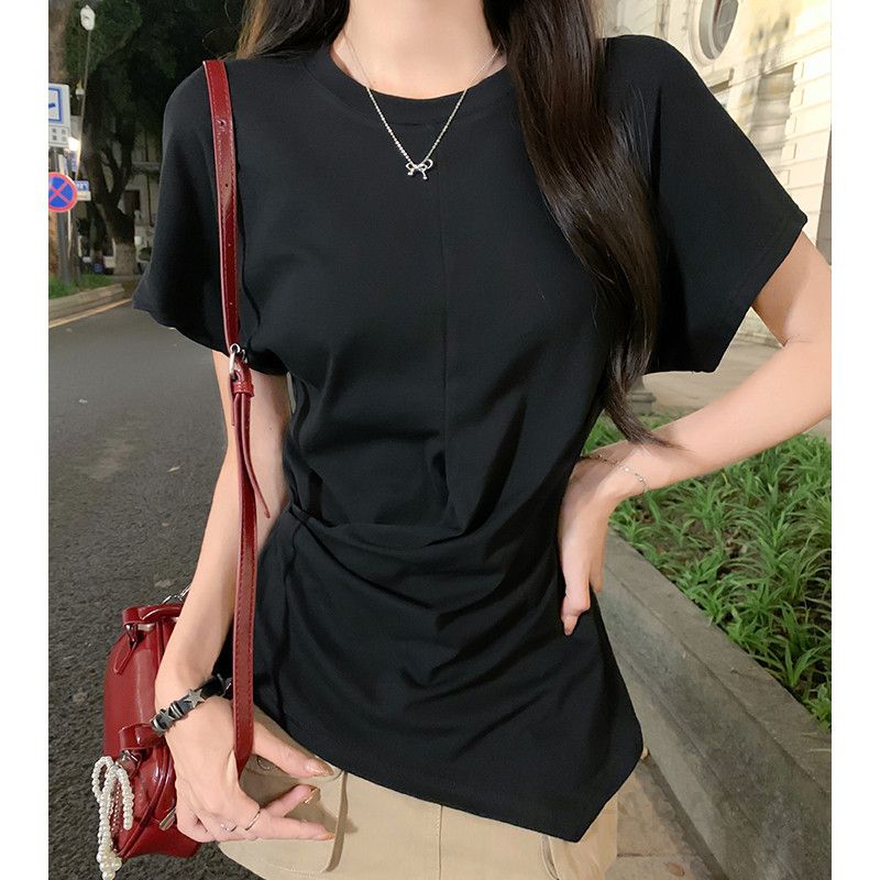 여성 루즈핏 캐주얼 데일리 무드 언발란스 셔링 드레이프 라운드넥 반팔 티셔츠 기본 상의 무지 티셔츠 외출룩 - 상세 이미지 3