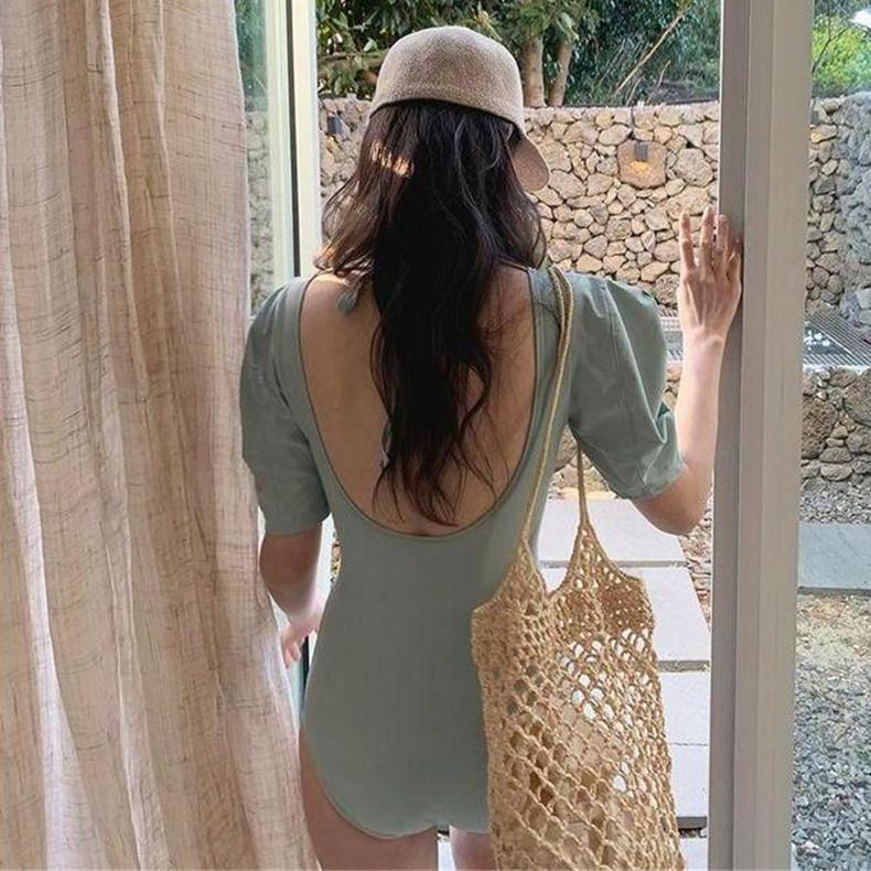퍼프소매 민트 반팔 모노키니 원피스 수영복 체형커버 - 상품 이미지