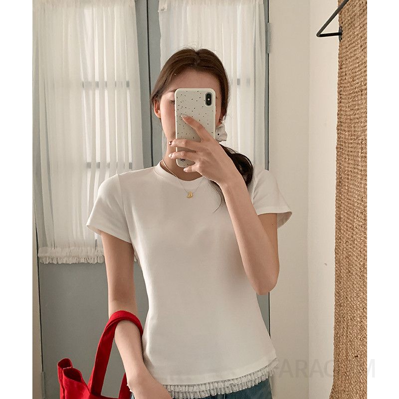 여성 캐주얼 데일리 오피스룩 코튼 스판 슬림핏 밑단 레이스 라운드넥 반팔 티셔츠 - 상세 이미지 4