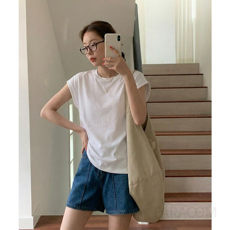 여성 데일리 오피스룩 코튼 스판 캡소매 라운드넥 무지 반팔 티셔츠 출근룩 심플 캐주얼 기본 반팔티 루즈핏 - 상세 이미지 3