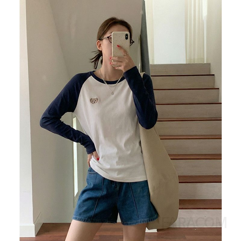 여성 캐주얼 루즈핏 면 나그랑 곰돌이 자수 라운드넥 긴팔 티셔츠 데일리 스트릿 배색 티 봄 가을 코디 대학생 캠퍼스룩 기본템 - 상세 이미지 2