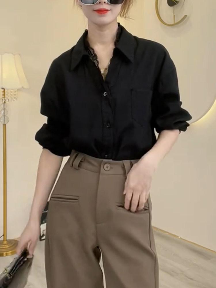 레이스 셔츠 코튼 블라운스 캐주얼 정장 루즈핏 - 상세 이미지 4