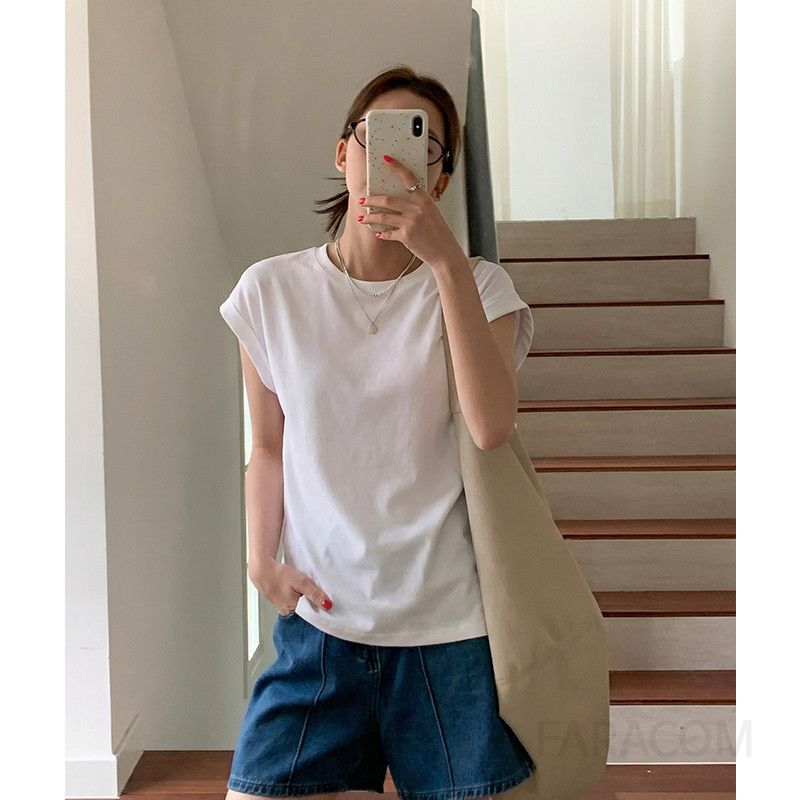 여성 데일리 오피스룩 코튼 스판 캡소매 라운드넥 무지 반팔 티셔츠 출근룩 심플 캐주얼 기본 반팔티 루즈핏 - 상세 이미지 4