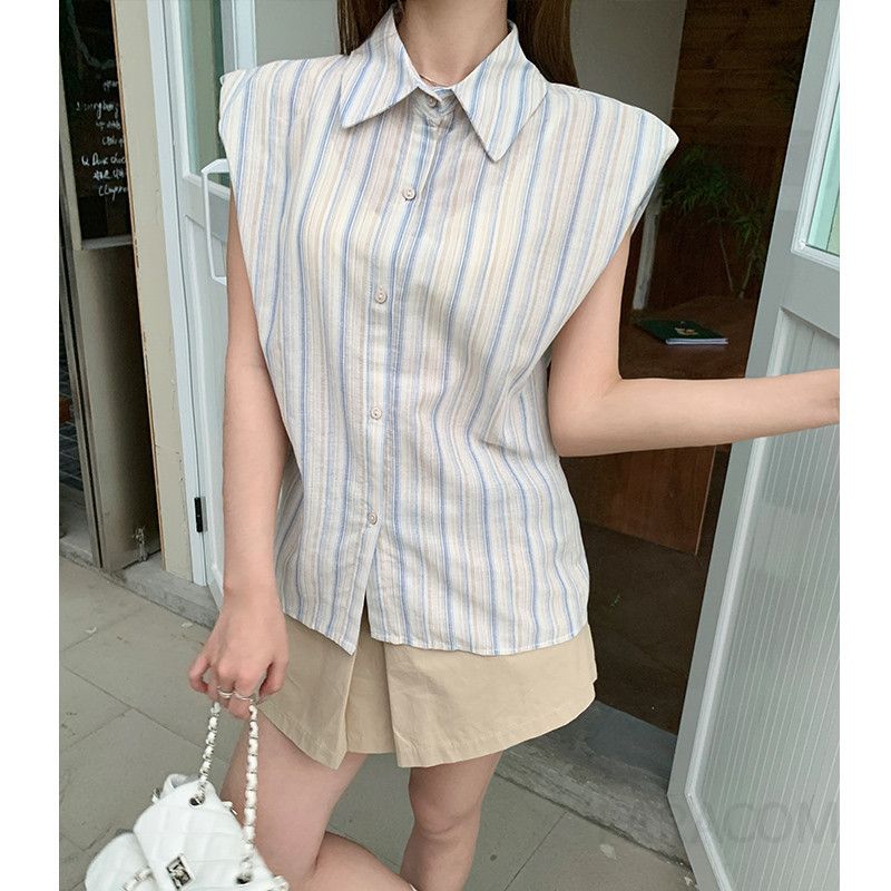 여성 데일리 루즈핏 코튼 스트라이프 폴로 칼라 버튼 민소매 셔츠 블라우스 나시 남방 레이어드 상의 가벼운 여름 - 상세 이미지 2