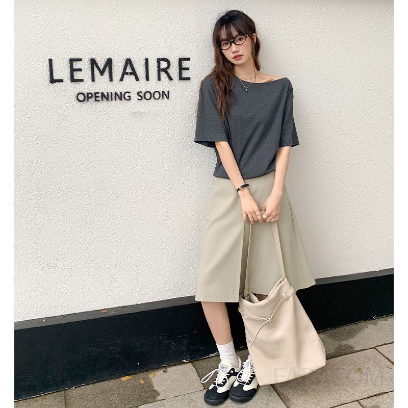 여성 데일리 오피스룩 면 스판 슬림핏 오프숄더 원숄더 루즈핏 반팔 티셔츠 - 상세 이미지 2
