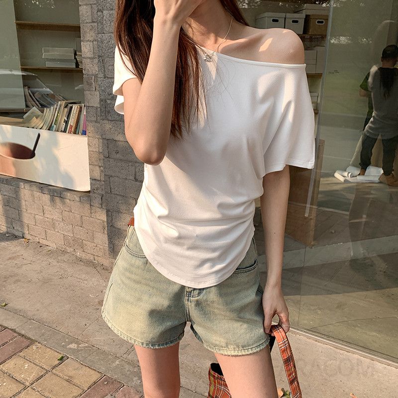 여성 데일리 루즈핏 비스코스 스판 오프숄더 원숄더 라운드넥 반팔 티셔츠 - 상품 이미지