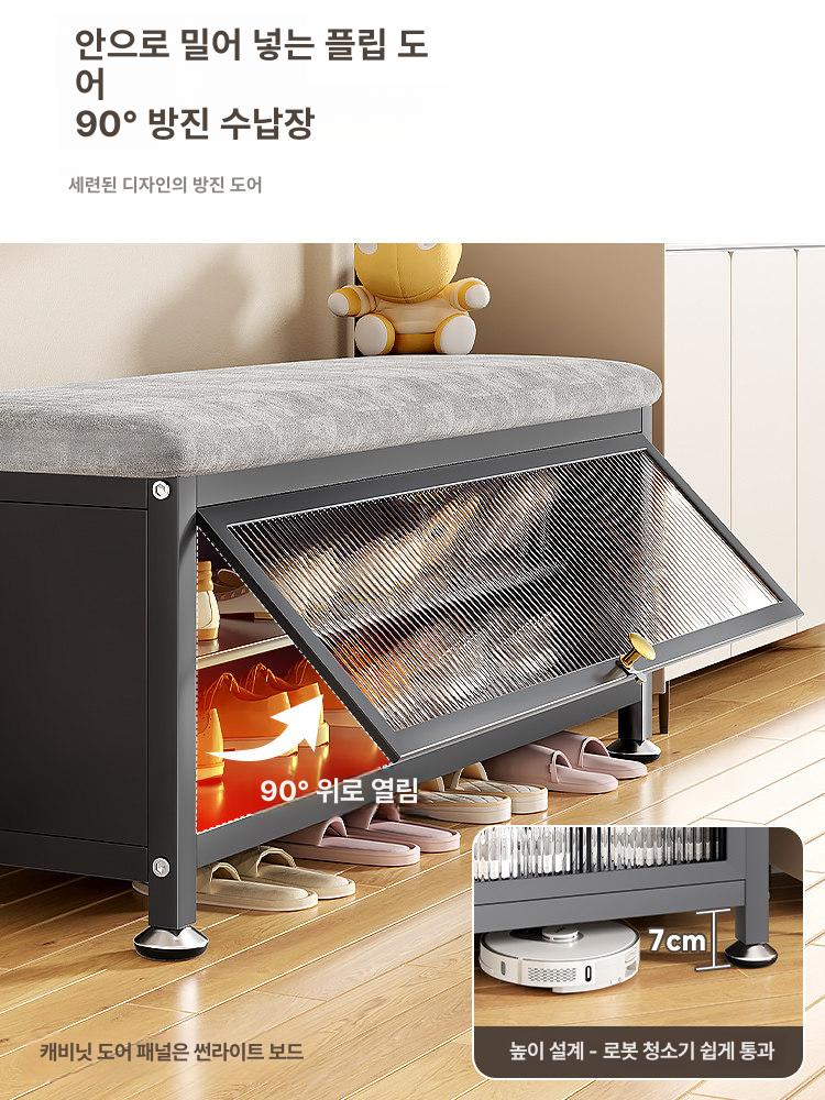 현관 옷걸이 신발장 틈새 슈벤치 외투 수납 철제 벤치형 [100cm 블랙-두꺼운 그레이 벨벳 쿠션] - 상세 이미지 3
