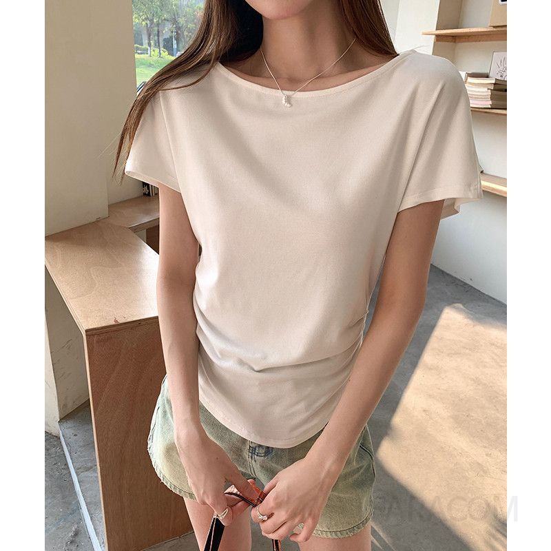 여성 데일리 루즈핏 비스코스 스판 오프숄더 원숄더 라운드넥 반팔 티셔츠 이미지 6