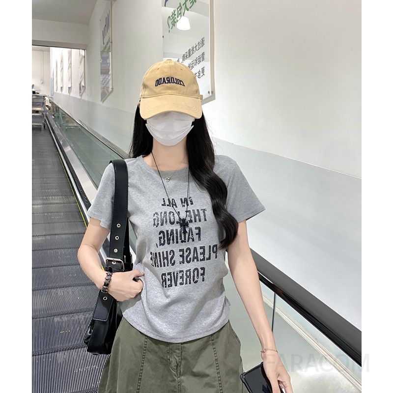여성 데일리 캐주얼 코튼 스판 영문 레터링 라운드넥 반팔 티셔츠 - 상세 이미지 2