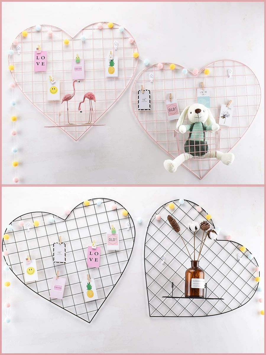 핑크 네트망 하트 메쉬 침실 철제 소품 철망 장식 사진 핑크레드 하트 그리드 57x52cm - 상세 이미지 3