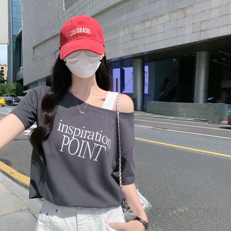 여성 캐주얼 스트릿 루즈핏 오프숄더 코튼 레터링 프린팅 반소매 티셔츠 어깨트임 오버핏 반팔티 - 상세 이미지 2