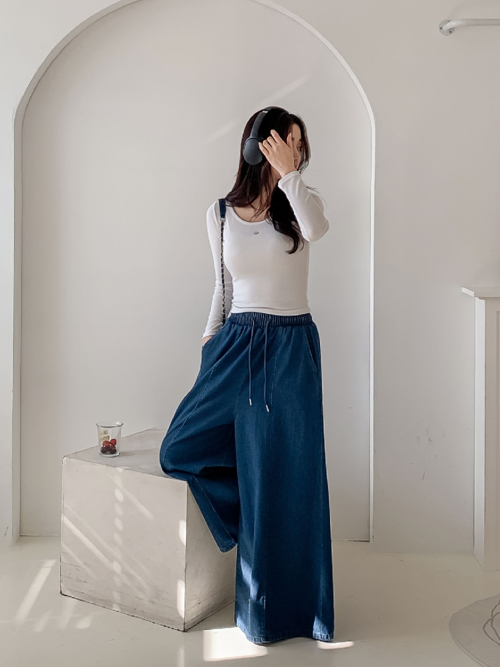 고무줄청바지 세미 와이드청바지 키작녀 A라인 데님 치마바지 큐롯 데님 팬츠 이미지 8