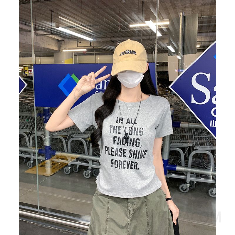 여성 데일리 캐주얼 코튼 스판 영문 레터링 라운드넥 반팔 티셔츠 - 상세 이미지 4