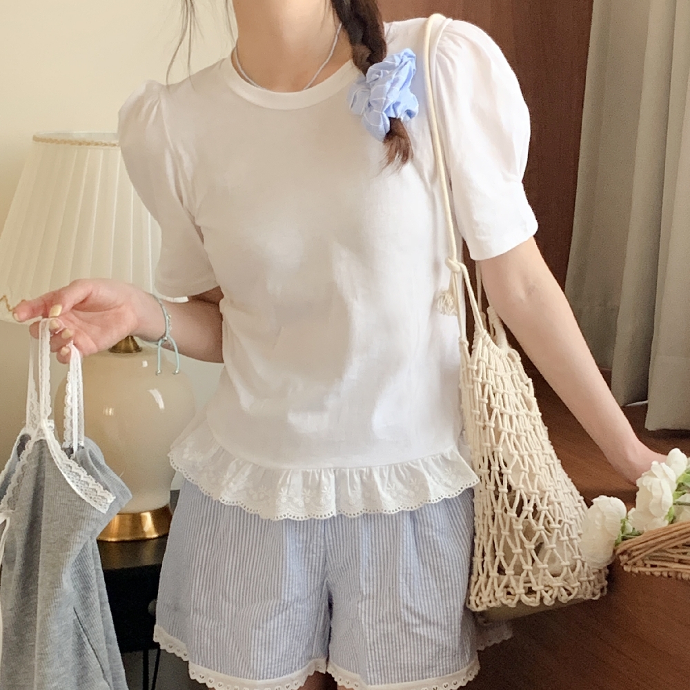 크롭티 퍼프티셔처 흰티 자수 레이스 프릴 이너 레이어드 반팔 티셔츠 - 상품 이미지