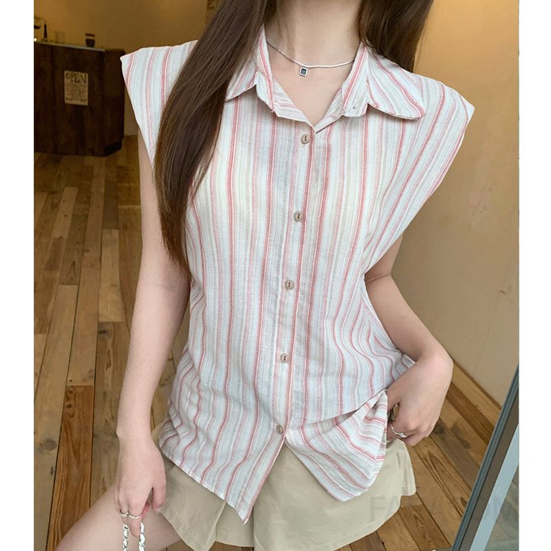 여성 데일리 루즈핏 코튼 스트라이프 폴로 칼라 버튼 민소매 셔츠 블라우스 나시 남방 레이어드 상의 가벼운 여름 - 상품 이미지