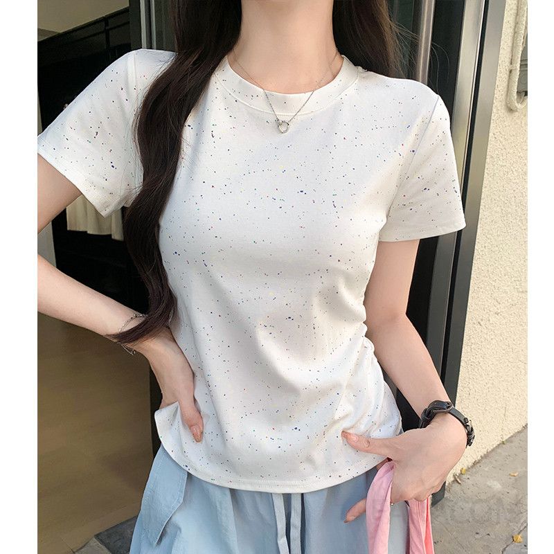 여성 데일리 캐주얼 오피스룩 슬림핏 면 스판 스트레치 레인보우 컬러네프 잡사 포인트 라운드넥 반팔 티셔츠 베이직 기본템 - 상세 이미지 2
